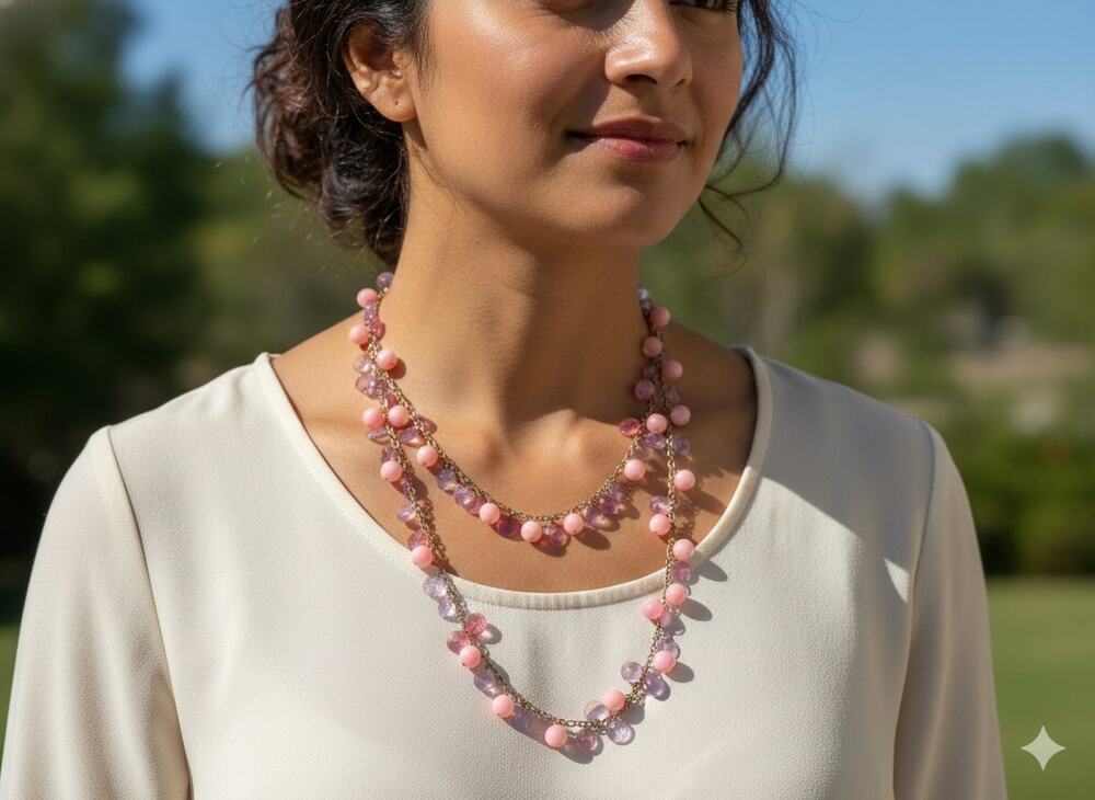 Vintage Y2K Pink Beaded Fringe Chain Necklace Boho Layered Dangle Drop 54 Inches